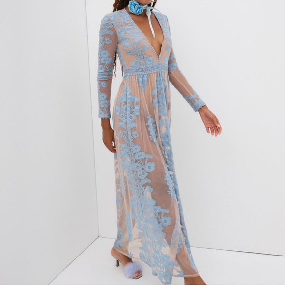 For Love & Lemons x Free People Temecula XS & S Blue Floral Embroidered Maxi - Picture 2 of 14